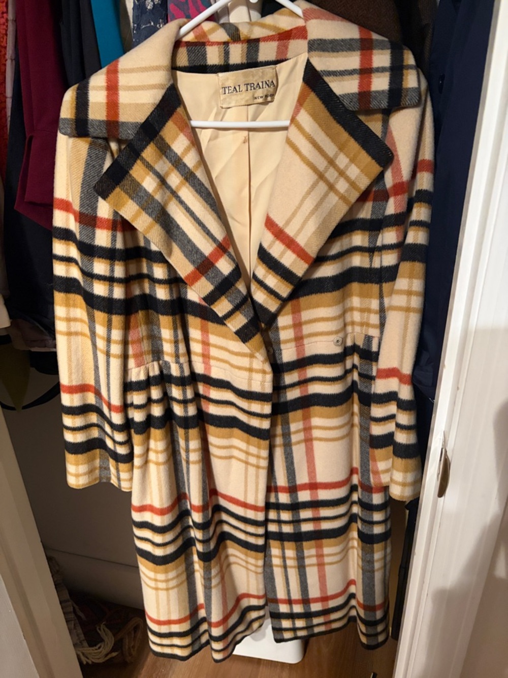 Teal Traina Plaid Wool Coat in Cream, Black & Mustard